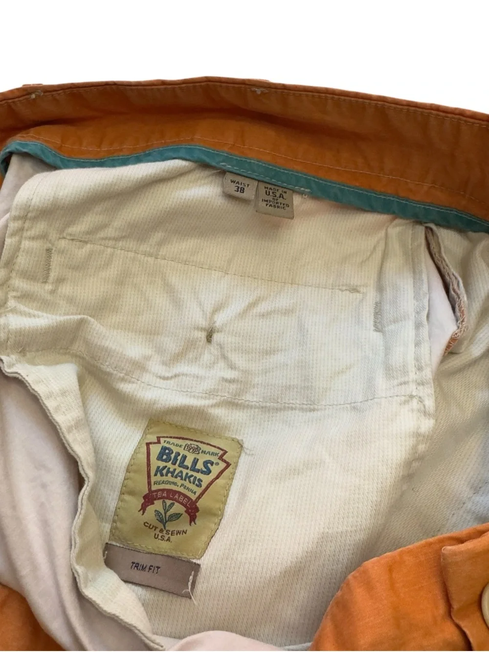 Bills Khakis Orange Cotton Chino Pants Mens 38 USA Made Coastal Preppy Style EUC